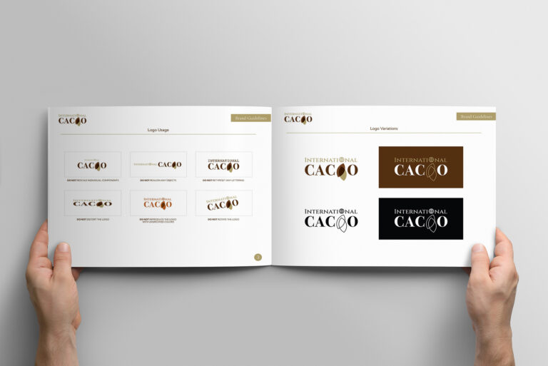 Hands holding a branding guide booklet open to a logo usage and variations page, showcasing cohesive brand standards.