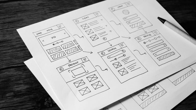 Hand-drawn wireframes showcasing a website's layout and user flow, representing the design process behind website creation.