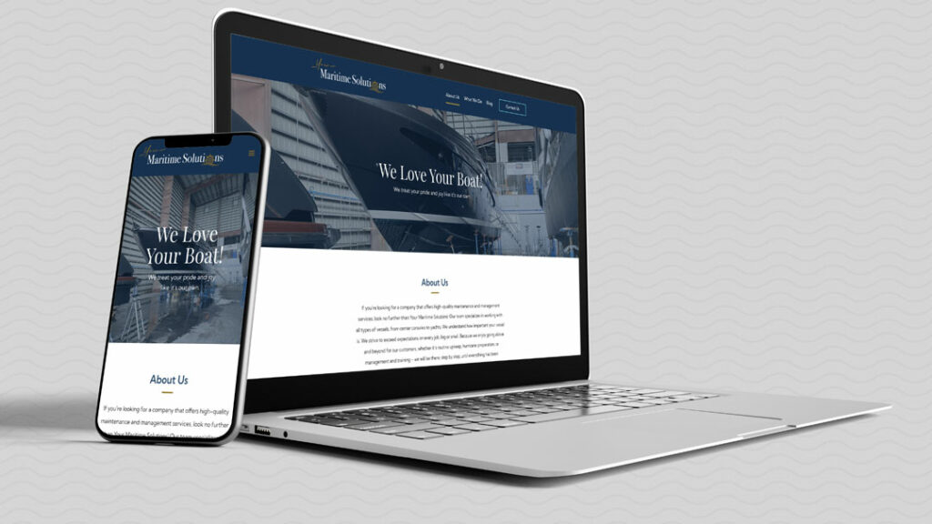 Responsive website design displayed on a laptop and smartphone for Maritime Solutions, showcasing WordPress's flexibility.