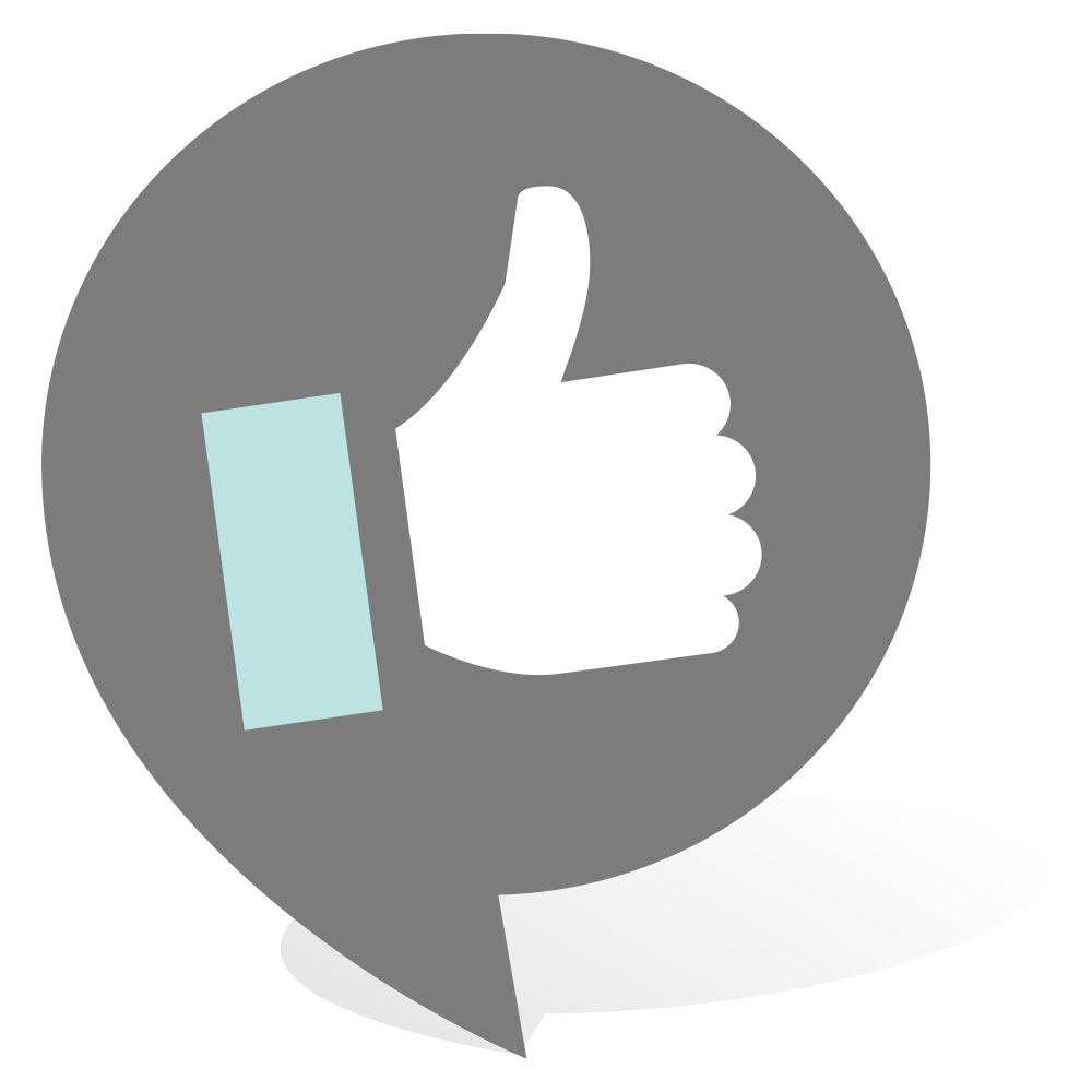 Gray speech bubble with a thumbs-up icon, representing social media engagement and approval.