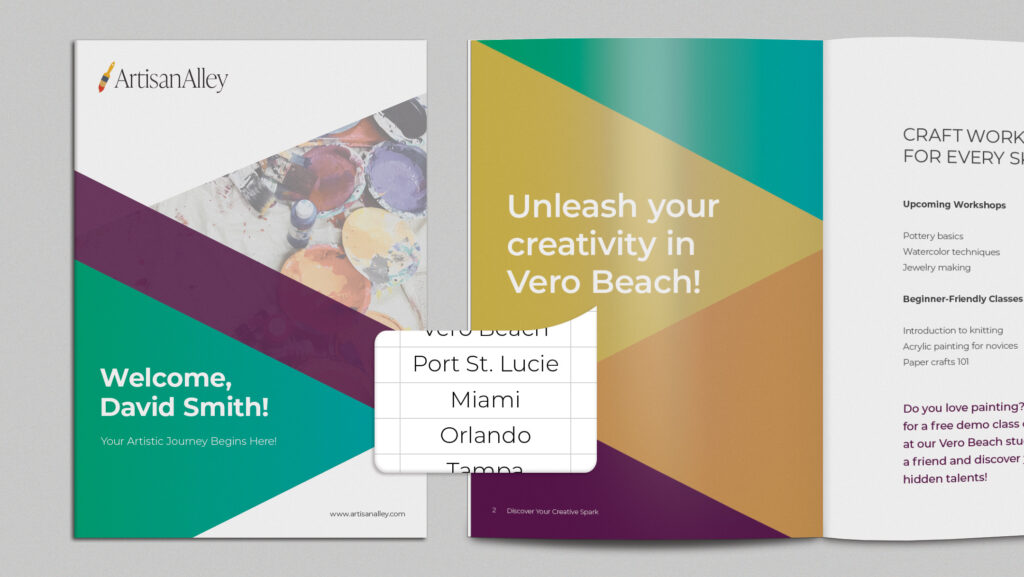 Custom brochure design featuring personalized text 'Welcome, David Smith!' and vibrant colors, showcasing variable data printing capabilities.