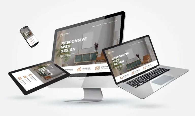 Responsive web design mockup displayed on desktop, laptop, tablet, and mobile devices.