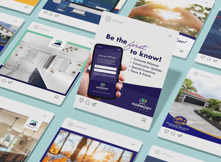 Social media post mockups and mobile phone screen promoting Harmony Place and Passage Island Construction.